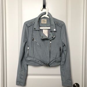[NWT] CROP SOFT SUEDE BIKER JACKET IN LIGHT BLUE.